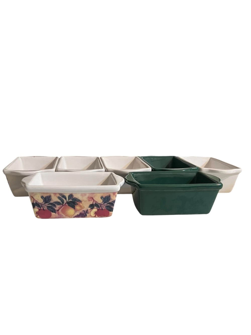 Mini Ceramic Loaf Pan Set of 7 Mixed Fruit Print Dark Green Olive Print Stamped